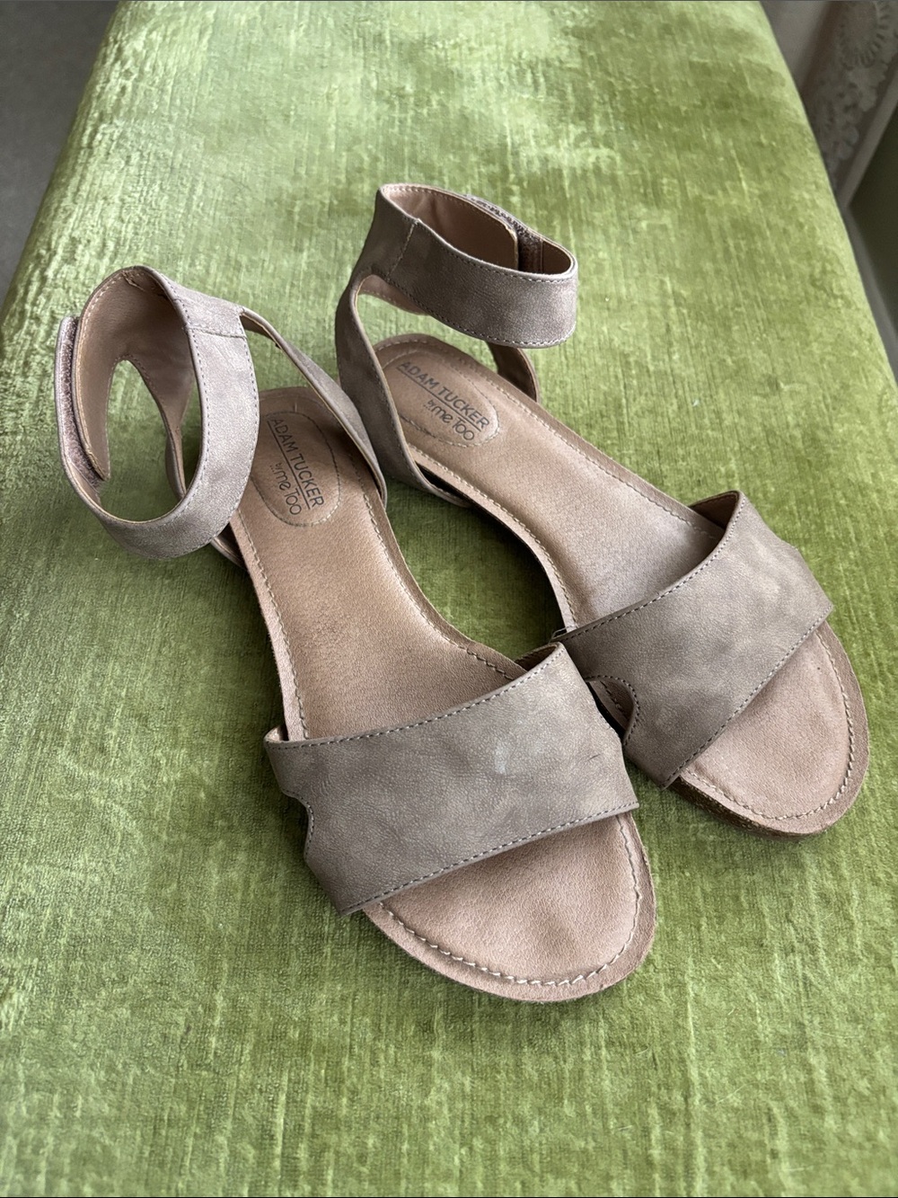 Size 8 Adam Tucker Taupe Suede Ankle-Strap Sandals